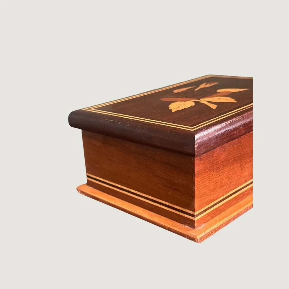 Vintage Brazilian Marquetry Wood Jewelry Box Rose Inlay Velvet Lined